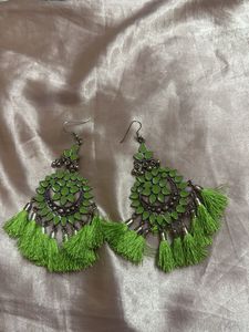 Boho Green Tassel Chandelier Earrings