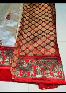 Elegant Cream &amp; Red Silk Saree