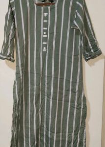 Olive Green &amp; White Striped Straight Kurti | Casua