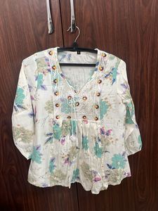 Flowy Floral Print Kurta with Tassels - M size