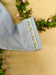 Striped Button-Up Shirt with Floral Embroidery