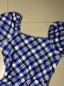 Blue, blue, black white checks, short mini dress w
