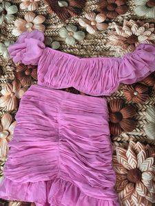 Pink Ruched Off-Shoulder Top & Skirt Set