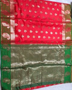 Vibrant Red Silk Saree with Green Border