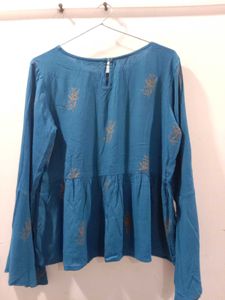Blue Printed Peplum Top Bell Sleeve