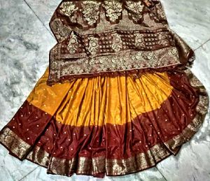 mustard yellow meroon Pure Silk Saree