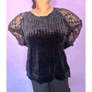Plus Size Black Velvet Top With Netted Slevees