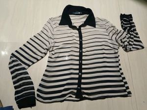 Forever 21 Black Grey Striped Sheer Blouse