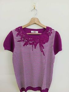 Striped Knit Top with Floral Applique
