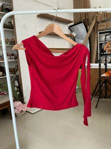 Off-Shoulder Red Top with Tie Detail