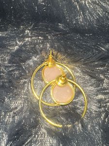 Gold Hoop Earrings with Pink Stone