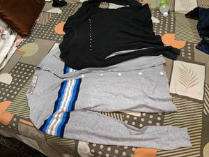 Gray Striped Cardigan and Black T-Shirt Set
