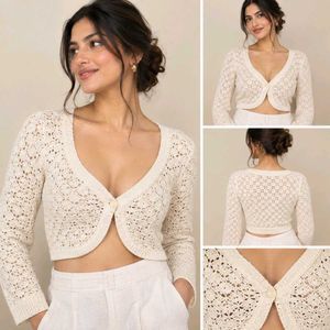 Cream Cable Knit Cropped crochet Cardigan