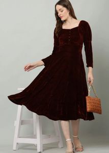 Women Fit & Flare Maroon/brown velvet Midi/calf le