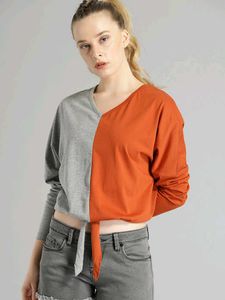 Colorblock Tie-Front Long Sleeve Top