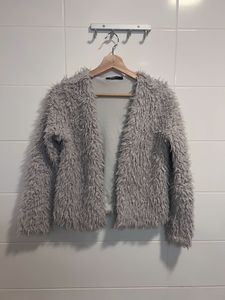 Gina Tricot Grey Shaggy Faux Fur Jacket