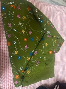 Olive Green Embroidered Saree with Floral Work