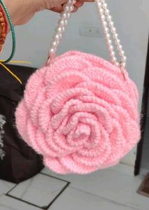 Chic Pink Rose Crochet Handbag with Pearl Strap