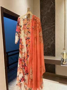 Floral Suit With Net Embroidered Dupatta