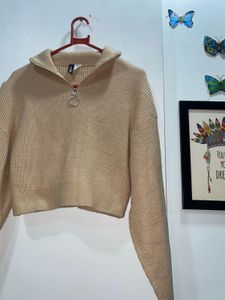 Beige Cropped Knit Sweater