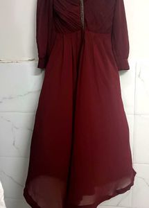 Maroon Pleated V-Neck Dress