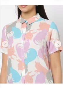 RIO Cute Cat Print Button-Up Shirt