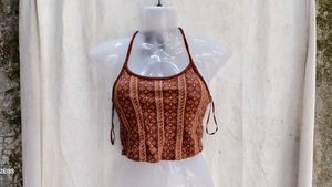 I. Brown Patterned Halter Neck Crop Top