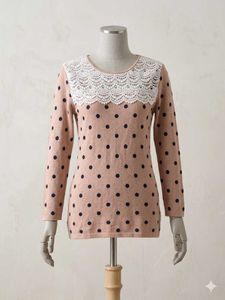 Pink Polka Dot Lace Trim Sweater