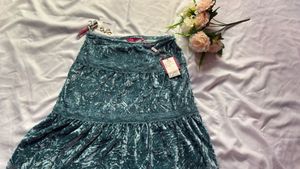 Teal Velvet Tiered Midi Skirt