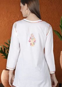 Embroidered White Cotton Kurti