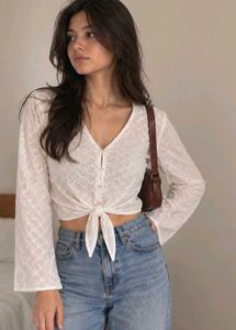 H&M White Embroidered Eyelet V-Neck Top