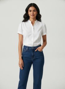 Classic White Short Sleeve Button-Up Top