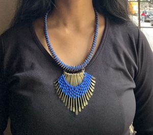 Handcrafted Blue Thread Golden Pendant Necklace