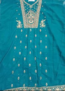Beautiful Teal Suit Set with Golden Embroidery
