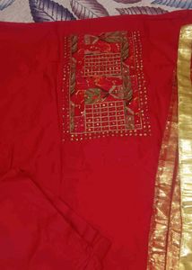 unstitched Red Embroidered Kurta Set