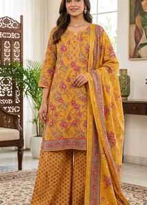 Yellow Floral Kurta Set with Palazzo & Dupatta