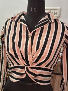 Striped Twist Front Crop Shirt