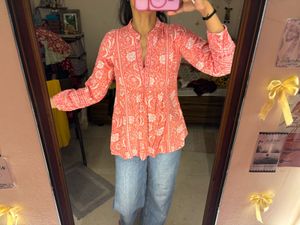 Coral &amp; White Printed Kurta