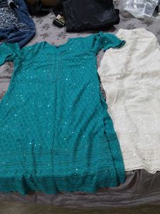 Teal & White Embroidered Kurta Set