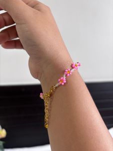 Pink Flower Beaded Anklet