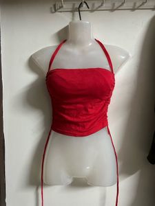 Red Halter Neck Ruched Crop Top