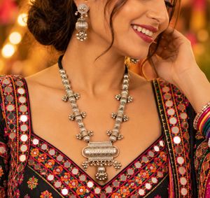 Ethnic Silver Necklace &amp; Earrings Set