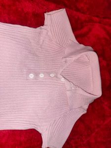 Pink Ribbed Collared Crop Top