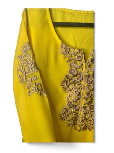 Yellow Embroidered Straight Kurti for Women | 3/4