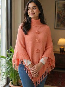 Peach color Poncho with Floral Detail