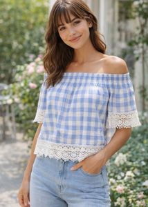 Blue & White Gingham Off-Shoulder Top