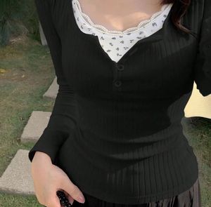 Cozy Ribbed Long Sleeve Top with Lace Detail