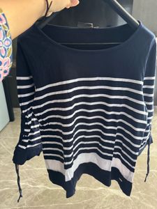 Striped Navy Blue Top with Tie Sleeves