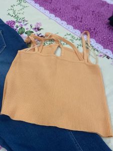 Blue Flared Jeans with Orange Crop Top