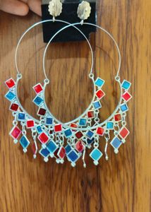 Bohemian Hoop Earrings with Red Embellishments